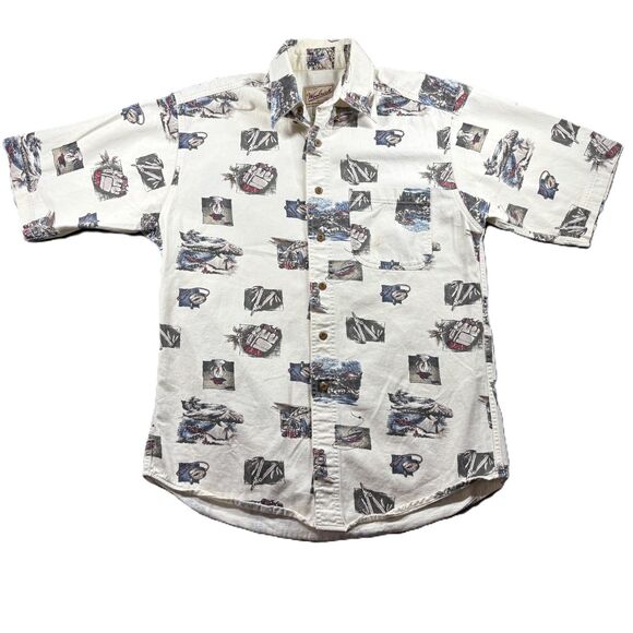 Woolrich Men Camp Shirt Vtg Camping Fishing Theme Outdoors Button Up Medium F115 - Picture 1 of 8